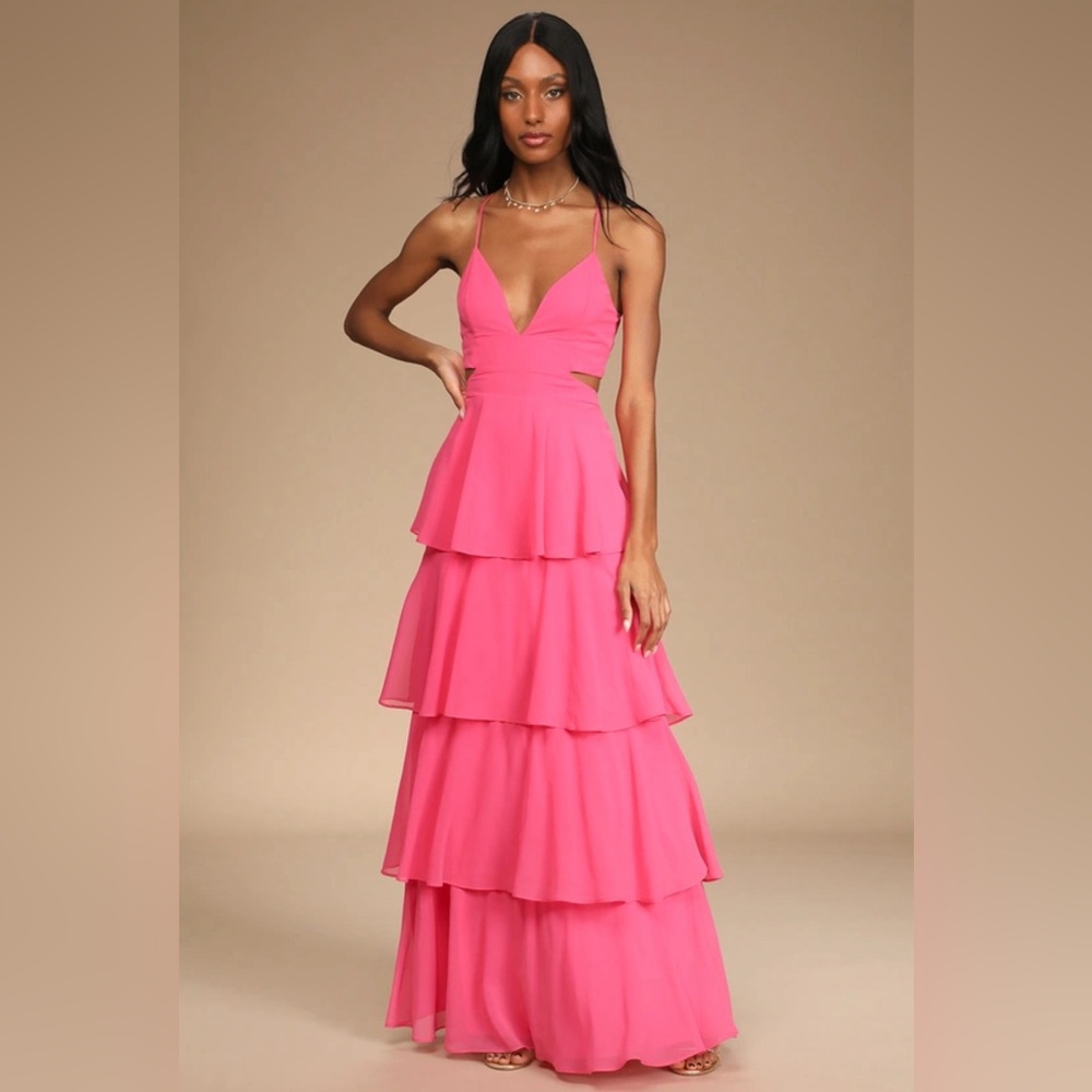 Lulu’s Tier and Now Hot Pink Tie-Back Tiered Maxi Dress
